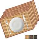 Bamboo Placemats Set of 8, 17.7x11.8 Inch with Brown Fabric Border - Non-Slip & Heat Resistant, Stain-Resistant Japanese Style Table Mats for Dining Room, Kitchen DecorCoffee