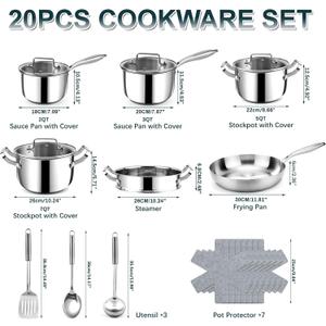 Stainless Steel Cookware Set - 20 PCS Pots and Pans Set with 3-Ply Stainless Steel Frying Pan, Professional Kitchen Cooking Set, Induction Compatible, Oven & Dishwasher Safe