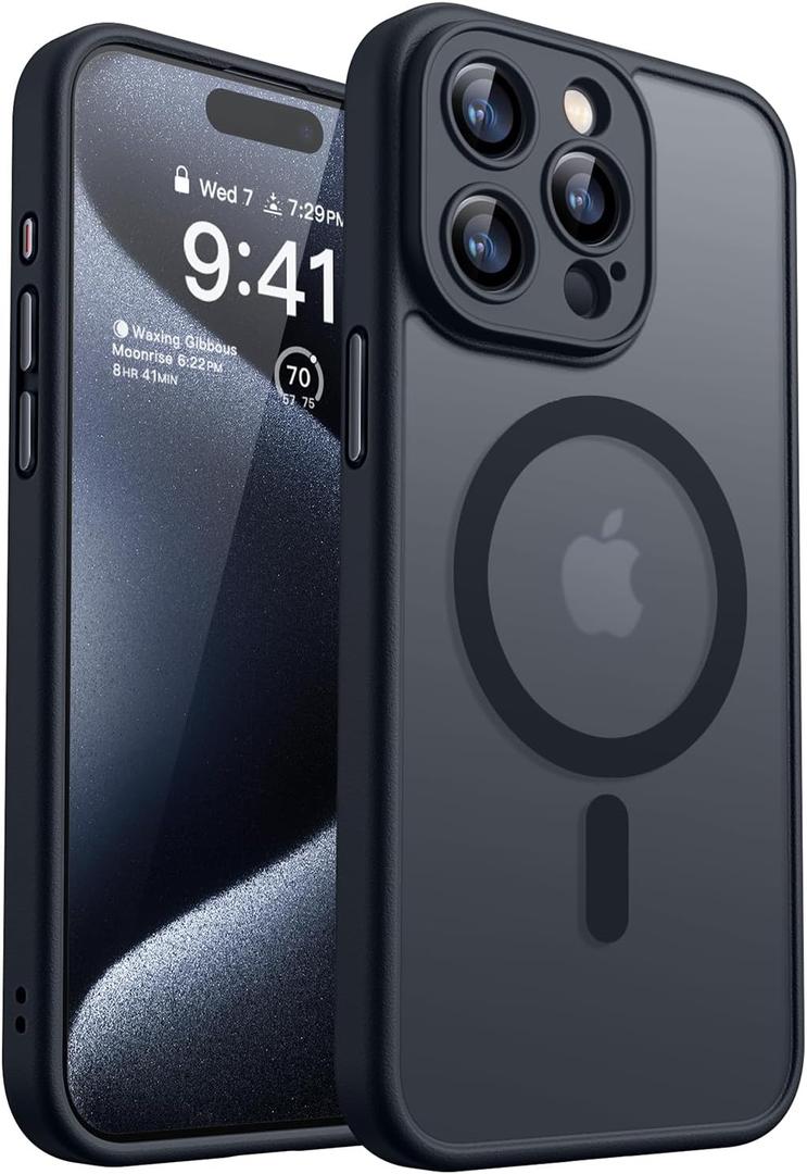 CANSHN Magnetic Compatible with iPhone 15 Pro Max Case, Upgraded [Full Camera Protection] [Compatible with Magsafe] [Translucent Matte] Shockproof Protective Phone Case Cvoer 6.7 Inch - Black