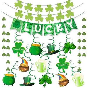 Pre-Assembled St Patricks Day Decorations Shamrock Lucky Banner Garlands Clover Hanging Swirls Irish Decor for Home Saint Patrick Party Supplies