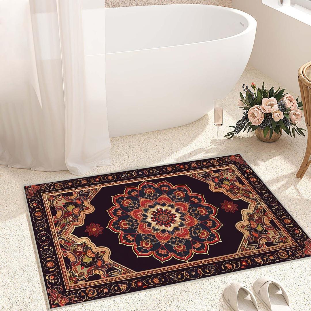 2x3 Entryway Rug Boho Black Red Vintage Oriental Area Rug Thin Small Carpet Bathroom Non Slip Indoor Entrance Low Pile Door Mat Kitchen Stain Resistant Washable Machine (2'x3')