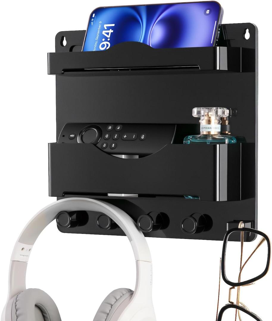 JUMEIHUI Bedside Wall Shelf with Glasses hooks Adhesive Bedside Organizer Wall Mount for Dorm and Room Accessories PhoneRemoteEarphone Kindle (Black)
