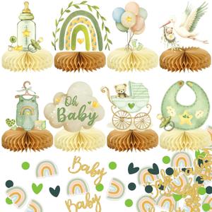 8Pcs Bear Baby Shower Decorations Honeycomb Centerpieces for Boy, Confetti Baby Shower Table Decorations Birthday Party Table Centerpieces Toppers Party Decor (Green)