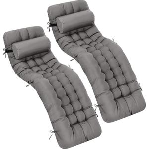 Tudomro 2 Pcs Dark Gray 66'' Outdoor Chaise Lounge Cushion Waterproof Patio Lawn Pool Chaise Lounge Cushion with Headrest Pillow & Ties Weather Fade Resistant Replacement Longue Chair Pad