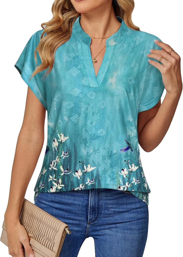 DJT Womens Summer Tops Short Sleeve Shirts Trendy V Neck T-Shirts Top Dressy Casual Work Blouses (Green, L)