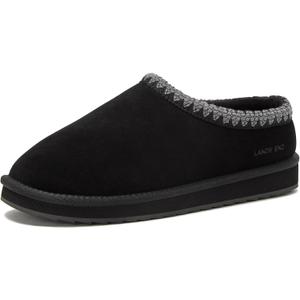 Lands' End Hearth Warm Fuzzy Mens Slippers, Indoor Outdoor Fur Lined Suede House Slippers for Men, Black or Brown House Shoes (Size 10)