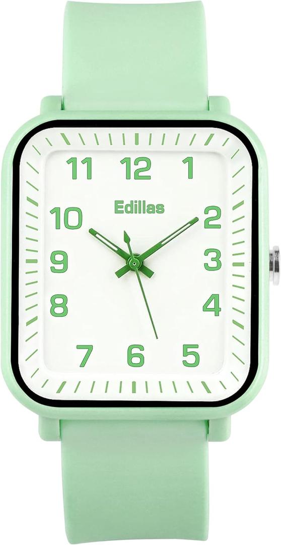 Edillas Kids Watch Analog for Girls Boys, 50M Waterproof Children Quartz SquareWristwatches for Kids, Students with Soft Silicone Strap, Easy to Read Learn time Presents (Green-1016L)
