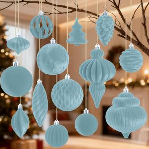 18Pcs Velvet Christmas Tree Ornaments Set, Shatterproof Flocked Christmas Decorations Bulk for Tree, Classic Decorative Hanging Ball Ornaments for Xmas Holiday Home Party Decor, Slate Blue