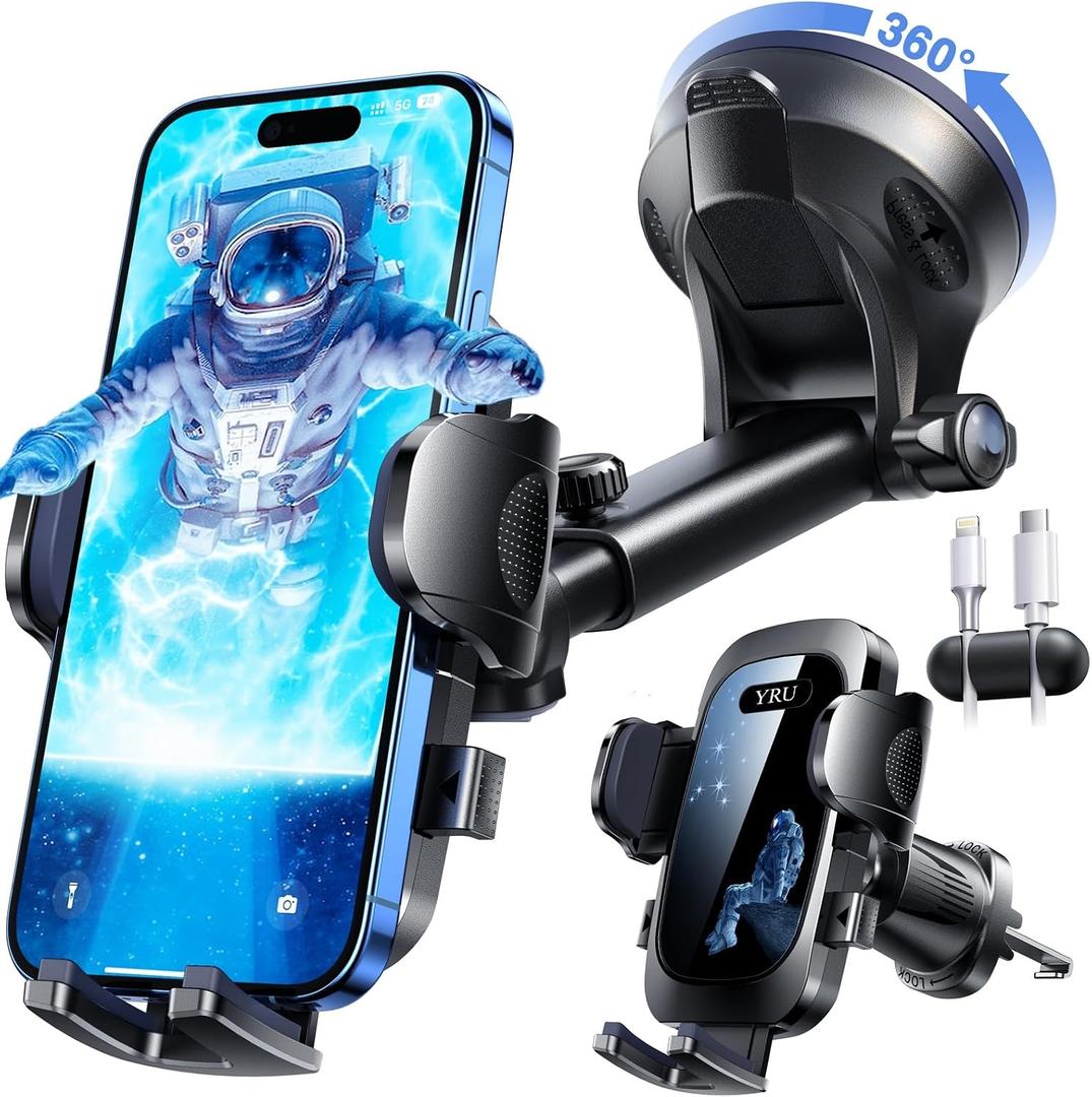 YRU True Military-Grade [360 Rotation Suction] 2026 Ultimate Car Phone Holder Mount 90+LBS Safest Strongest & Patent Certs Dashboard Windshield Vent for iPhone 17 16 Pro Max Samsung,Blue Black