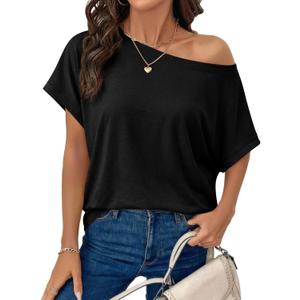 Tankaneo Womens Off The Shoulder Tops Oversized T-Shirts Summer Casual Short Sleeve Boat Neck Loose Fit Basic Tees (Black, M)