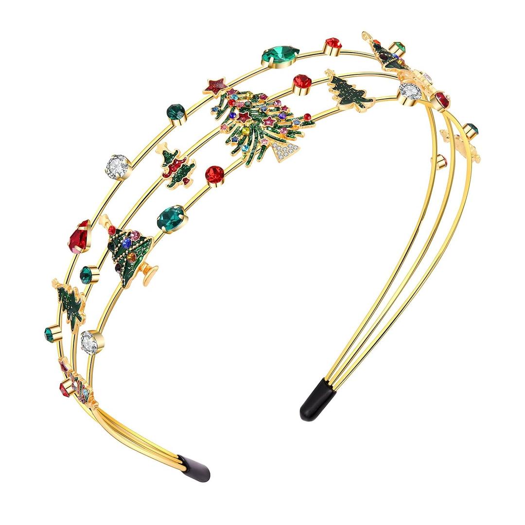 HEIDKRUEGER Christmas Headband for Women Red Green Crystal Xmas Tree Hairband Christmas Party Hair Hoop Accessories(Christmas Tree A, Large)