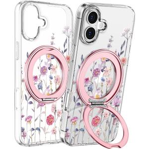 Loheckle for iPhone 17 Case - Compatible with MagSafe Stand Women Girls Cute Clear Girly Aesthetic Kawaii Unique Design Soft TPU Built-in Magnetic Stand Phone Cover for Apple 17, Purple Flower
