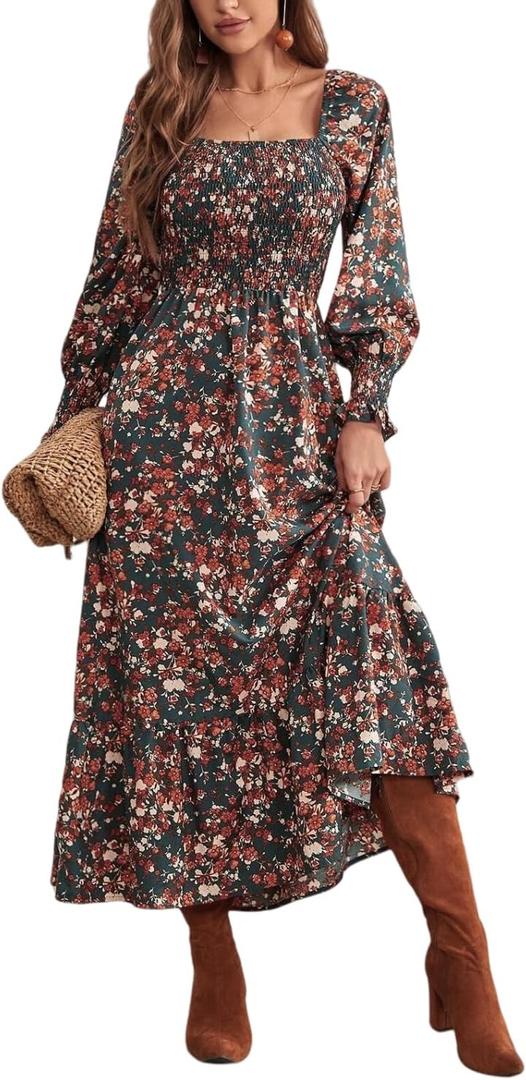 LIGHT DOT Women's Square Neck Casual Floral Dress Long Sleeve Printed Maxi Fall Dress Smocked Flowy (Orange Green,S)
