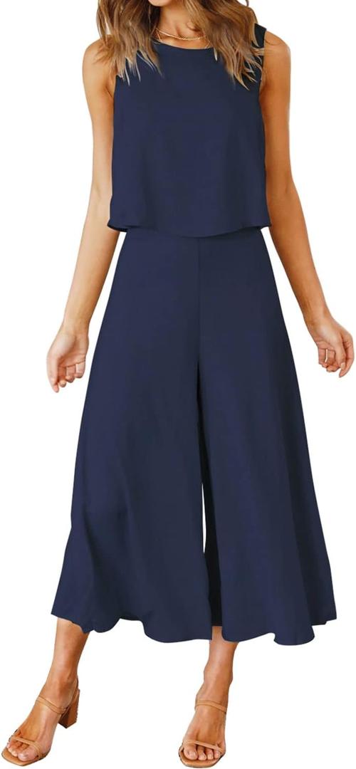 ROYLAMP Women's Summer 2 Piece Outfits Round Neck Crop Basic Top Cropped Wide Leg Pants Set Jumpsuits (Large, Navy Blue)