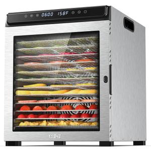 YASHE Food Dehydrator Machine, 12 Stainless Steel Food Dryer, 72H Timer and Temperature Control (95F-167F), 1300W Dehydrators for Food and Jerky, Herbs, Fruit, Dog Treats, Recipes Book Included, Silver 