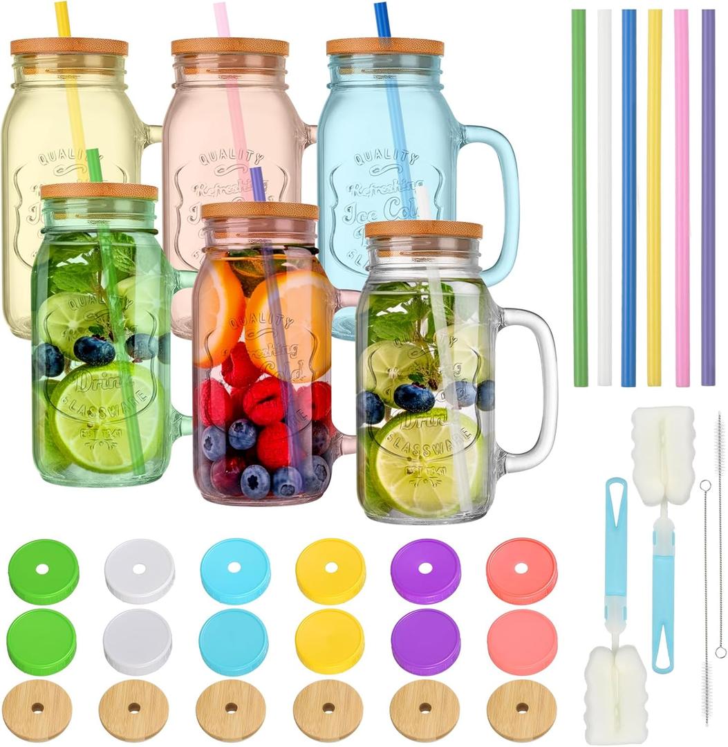 6 Pack Mason Jars with Handle, 24 OZ Colorful Drinking Glasses with Lids and Straws, Mason Jar Cups Smoothie Cups for Iced Coffee, Smoothie, Overnight Oats Containers