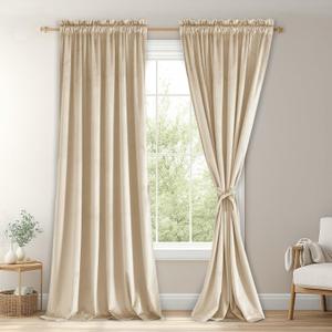 JIUZHEN Beige Velvet Curtains 84 inches for Living Room - Soft Retro Blackout Velvet Drapes Rod Pocket Room Darkening Thermal Insulated for Bedroom/Gallery, 42W x 84L, 2 Panels with Tiebacks JIUZHEN Beige Velvet Curtains 84 inches for Living Room - Soft Retro Blackout Velvet Drapes Rod Pocket Room Darkening Thermal Insulated for Bedroom/Gallery, 42W x 84L, 2 Panels with Tiebacks