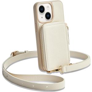 ZVE for iPhone 14 Wallet Case Crossbody, Zipper Phone Case with RFID Blocking Card Holder Wrist Strap, Purse Cover for Women Compatible with iPhone 14, 6.1", 2022-Beige