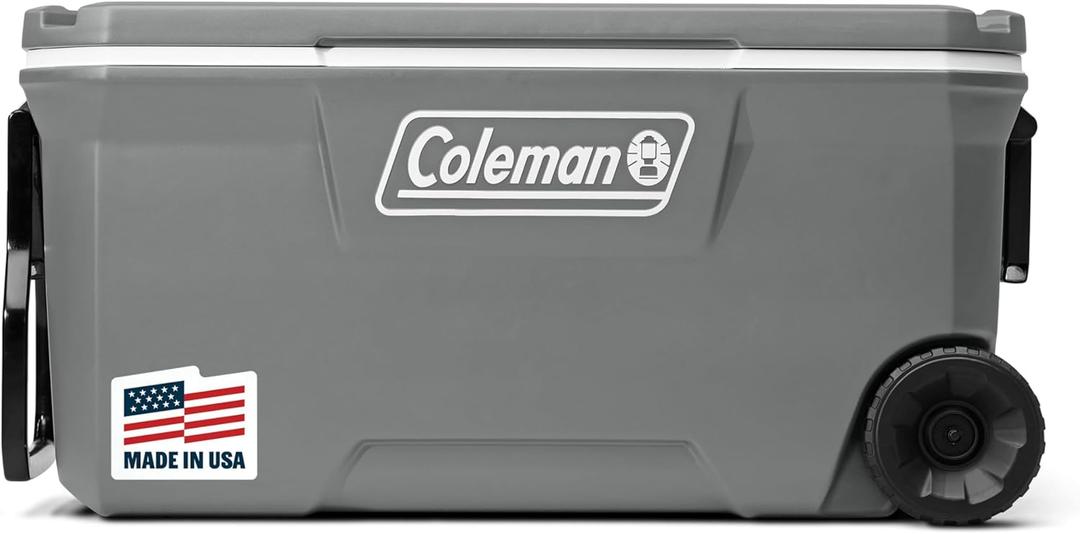 Coleman Classic Series Insulated Portable Rolling Cooler with Wheels, Leak-Resistant Outdoor Hard Cooler Keeps Ice up to 5 Days, 100-Quart (Rock Grey)