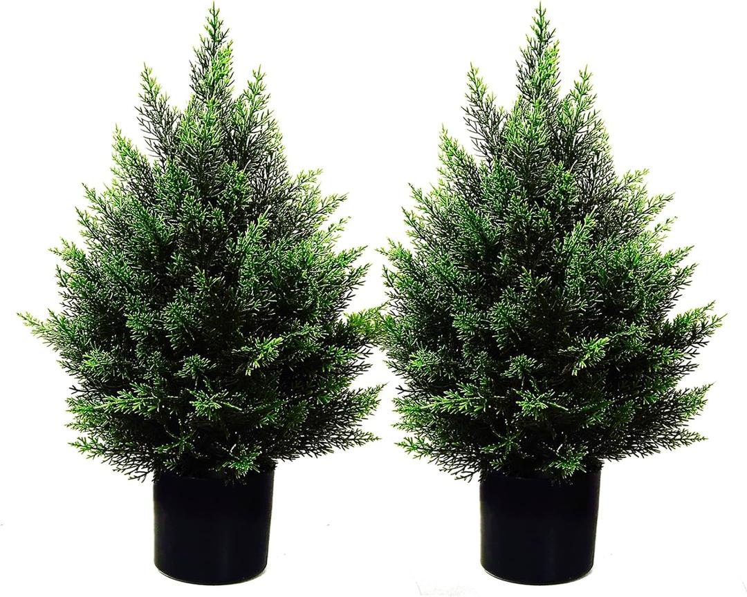 2FT Artificial Topiary Tree Beautiful Realistic Faux Cedar Pines Christmas Trees UV Rated Fake Shrubs for Front Porch Faux Plants Indoor and Outdoor Decor（2 Pack）