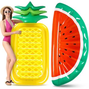Libima 2 Pcs Giant Pool Floats Large Fruit Food Float Inflatable Pineapple Eggplant Watermelon Ice Lolly Cupcake Pizza Hot Dog Raft Summer Beach Swimming Pool