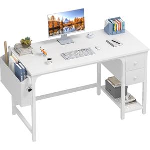Lufeiya White Computer Desk with Drawers - 47 Inch PC Desk for Small Space Bedroom Home Office, Modern Simple Study Writing Table Desks with Storage Shelf, White