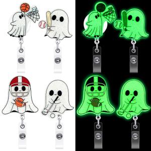2 x Geyoga 4 Pcs Halloween Badge Reel Glitter Sport Ghost Glow in The Dark Retractable ID Badge Holder with Alligator Clip Horror Spooky Name Tag Holder Gifts for Sports Lovers Nurse Medical Teacher
