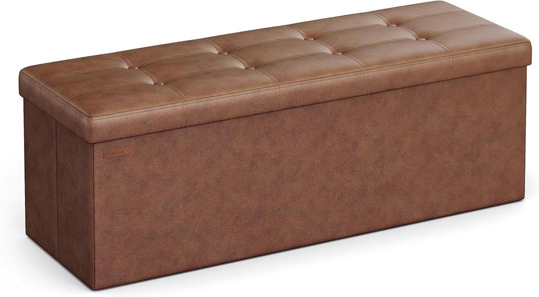 SONGMICS Mazie Collection - 43 Inches Folding Storage Ottoman Bench, Ottoman with Storage, Foot Rest Stool, Load 660 lb, Living Room, Bedroom, Entryway, Synthetic Leather, Coffee Brown ULSF070K01, 15"D x 43"W x 15"H