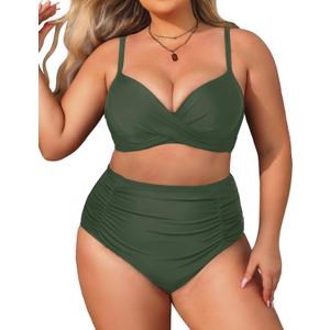 Aqua Eve Women Plus Size Underwire Bikini Two Piece Swimsuit High Waisted Tummy Control Bathing Suit Army Green 20W