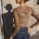 SHENHE Women's Casual Leopard Print Long Sleeve Tops Round Neck Slim Fitted Twist Front Shirt (L)