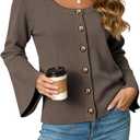 Womens Lightweight Cardigan Sweater Scoop Neck Bell Long Sleeve Button Down Open Front Tops (Large, Khaki)