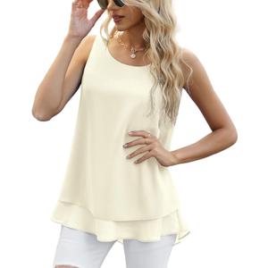 Jouica Women's Sleeveless Chiffon Tank Top Double Layers Casual Blouse Tunic (Yellow, L)
