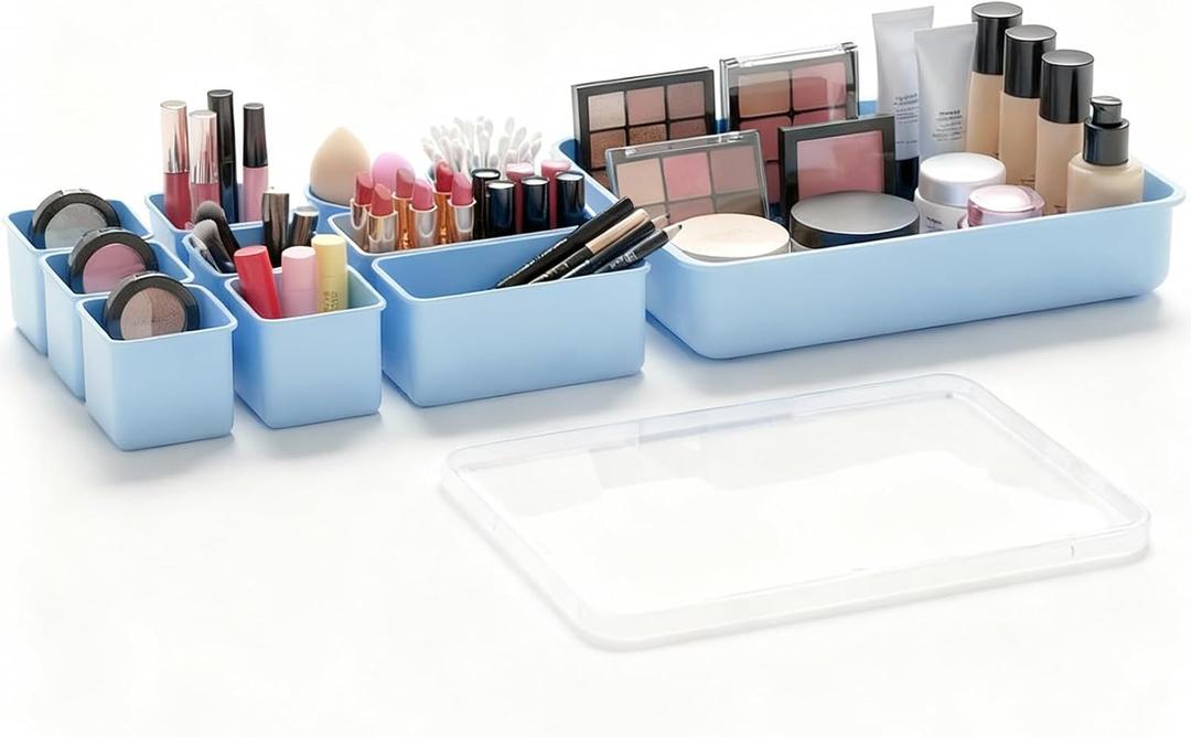 Jalopink Silicone Makeup Organizer Drawer Set with Clear Lid - Stackable Vanity & Bathroom Drawer Organizer, Adjustable Compartment Desk Drawer Organizer for Cosmetics, Toiletries, Office Supplies