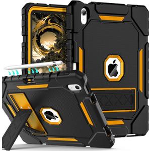 Grifobes for iPad A16 Case 11th Generation 11 inch 2025 / iPad 10th Generation Case 10.9 inch 2022, Heavy Duty Military Grade Shockproof Cover with Pencil Holder for i Pad 11/10 (Black+Gold)