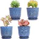 Gepege Succulent Pots, 4 Inch Small Indoor Ceramic Planter Pot with Drainage Holes and Saucers for Plants- Blue - Set of 4
