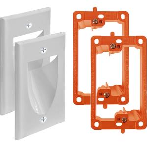 2 Pack Wall Plate Cable Pass Through with Bracket - In Wall Cable Management Kit - Recessed Cable Wall Plate Pair with Single Gang Low Voltage Mounting Bracket - Decorator Cover for Low Voltage Cables (White)