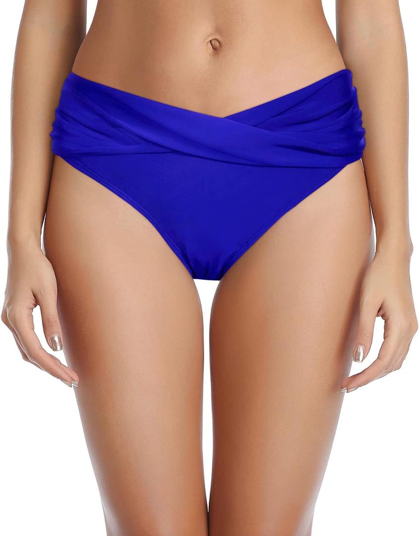 Tempt Me Women Twist Bikini Bottom Moderate High Cut Bathing Suit Bottoms Ruched Swimsuit Bottom (Large, Royal Blue)