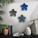 Metal Flower Wall Sculpture, 9.5" Rustic Modern Artwork Distressed 3D Layered Vintage Iron Flower Wall Hanging Accent for Indoor Kitchen, Bedroom Living Room Office Outdoor Garden Patio Decor (Blue)