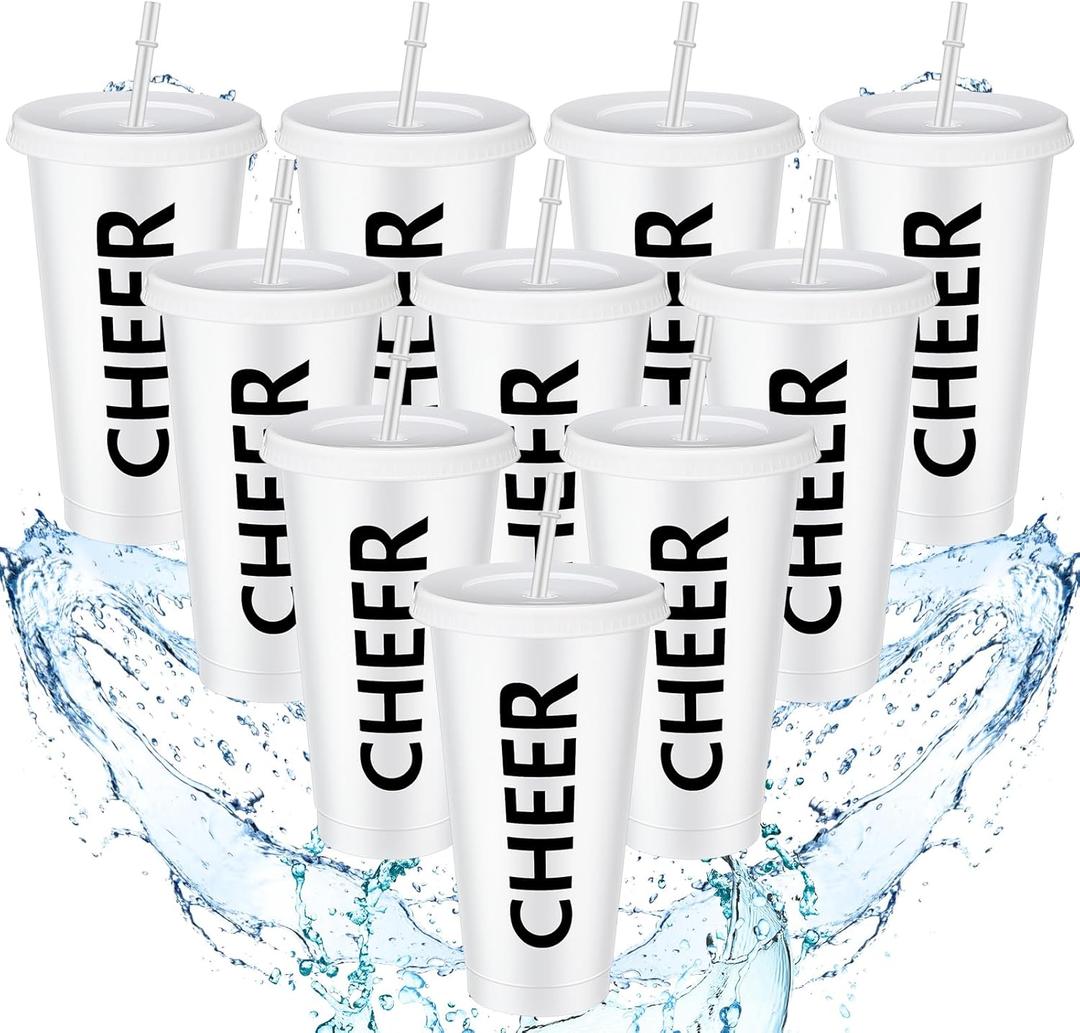 Layhit Cheerleading Plastic Tumbler with Lids and Straws Cheer Teams Gifts Cups Bulk 24 oz Reusable Cheer Cups for Team Party Supplies, (White,12 Sets)