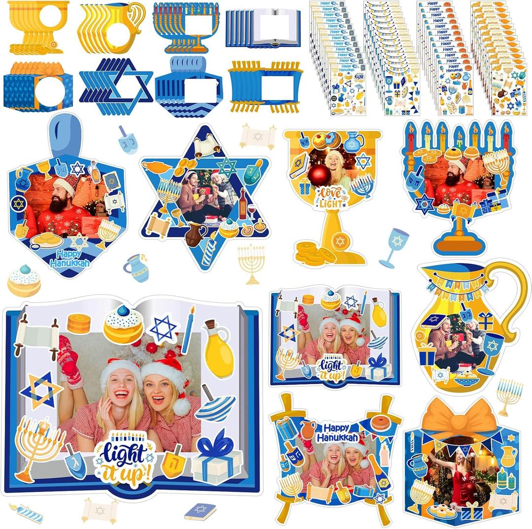 Jetec 48 Set Hanukkah Picture Frame Craft DIY Chanukah Photo Frame Ornaments with Menorah Candles Dreidel Hexagram Star Jewish Festival Stickers for Hanukkah Party Activities (Blue)