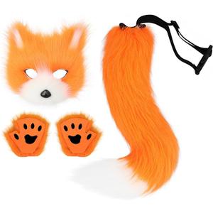 Adolala Faux Fur Fox Tail Cat Wolf Set Plush Mask Fluffy Paw Gloves Halloween Christmas Party for Women