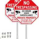 T&R Large No Trespassing Private Property Sign Video Surveillance Sign with 36" Stake for Outside - 2 Pack - 12"x12" .040 Rust Free Heavy Aluminum, Reflective, Waterproof, Weatherproof and Fade
