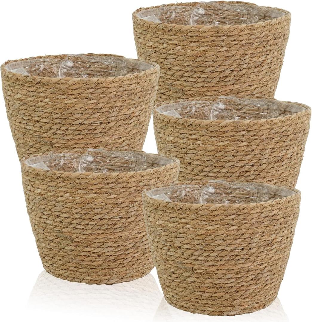 5 Pcs Large Premium Seagrass Planter Basket 10.2x7.5x7 Stylish Planter Baskets Woven Wicker Baskets with Plastic Lining for Indoor Outdoor Flower Plants Pots Cover Room Decor