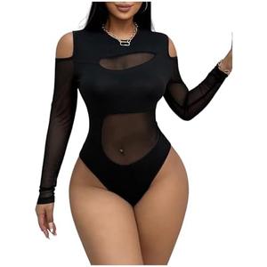WDIRARA Women's Cold Shoulder Long Sleeve Bodysuit Sheer Mesh Jumpsuit Sexy Leotard Tops, Medium