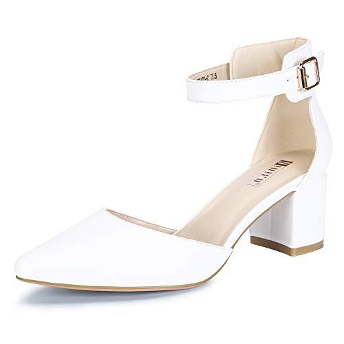 IDIFU Women's IN2 Pedazo Dress Shoes Low Block Heels Comfortable Chunky Closed Toe Ankle Strap Wedding Pumps(White Pu, 7 B(M) US)