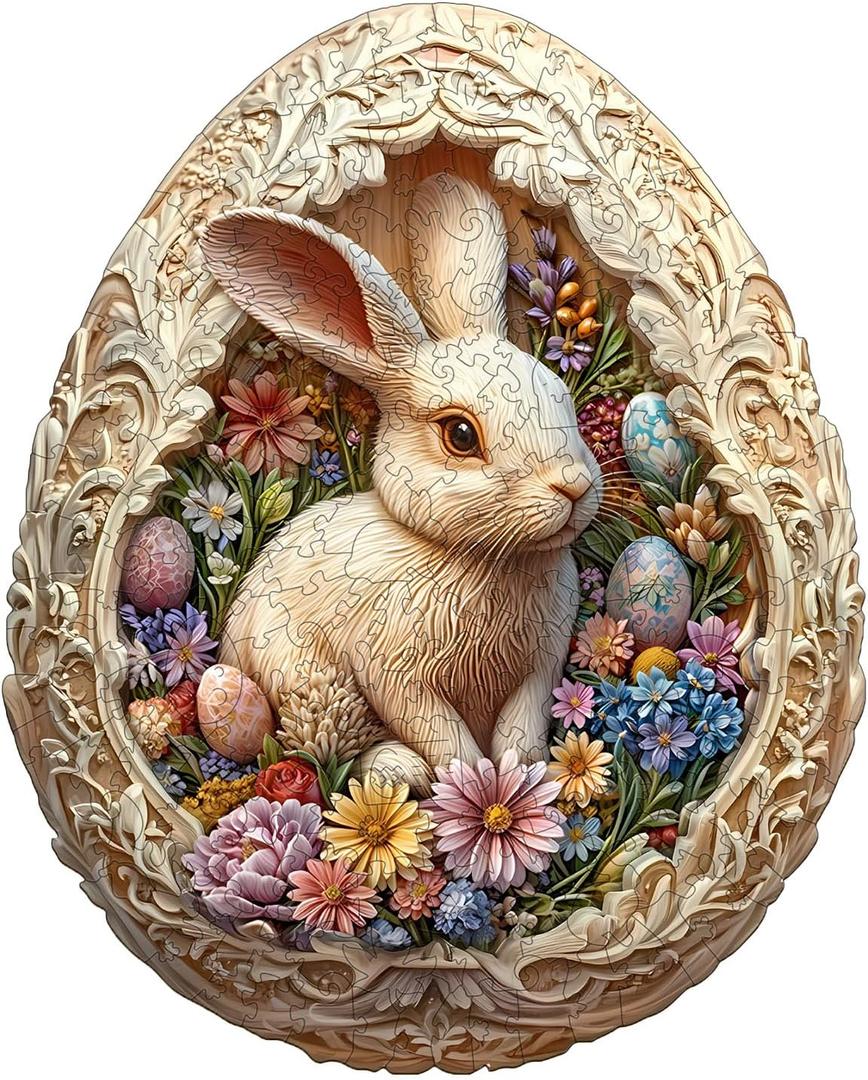 Wooden Puzzles for Adults 200 Pices, 3D Rabbit Wooden Jigsaw Puzzle, Flat Puzzels with 3D Visual Effect, Eggshell World Easter Unique Shape Irregular Jigsaw Puzzles, Finished Puzzle Size is 12.7*10.3in