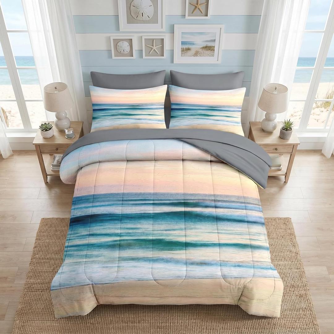 Nesker 7 Pcs Comforter Set Queen Size, Ocean Beach Coastal Bedding Set for Kids and Adults, Abstract Teal Bed Sheet Set with Fitted Sheet 2 Pillowcases & 2 Shams