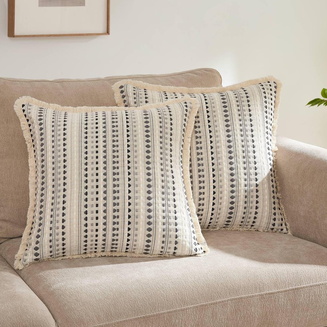 HALANS Embroidered Throw Pillow Cover Set of 2, Spring Summer Boho Farmhouse Decorative Pillow Case with Tassels, Textured Cushion Cases for Sofa Living Room Home Decor (Grey, 20" x 20")