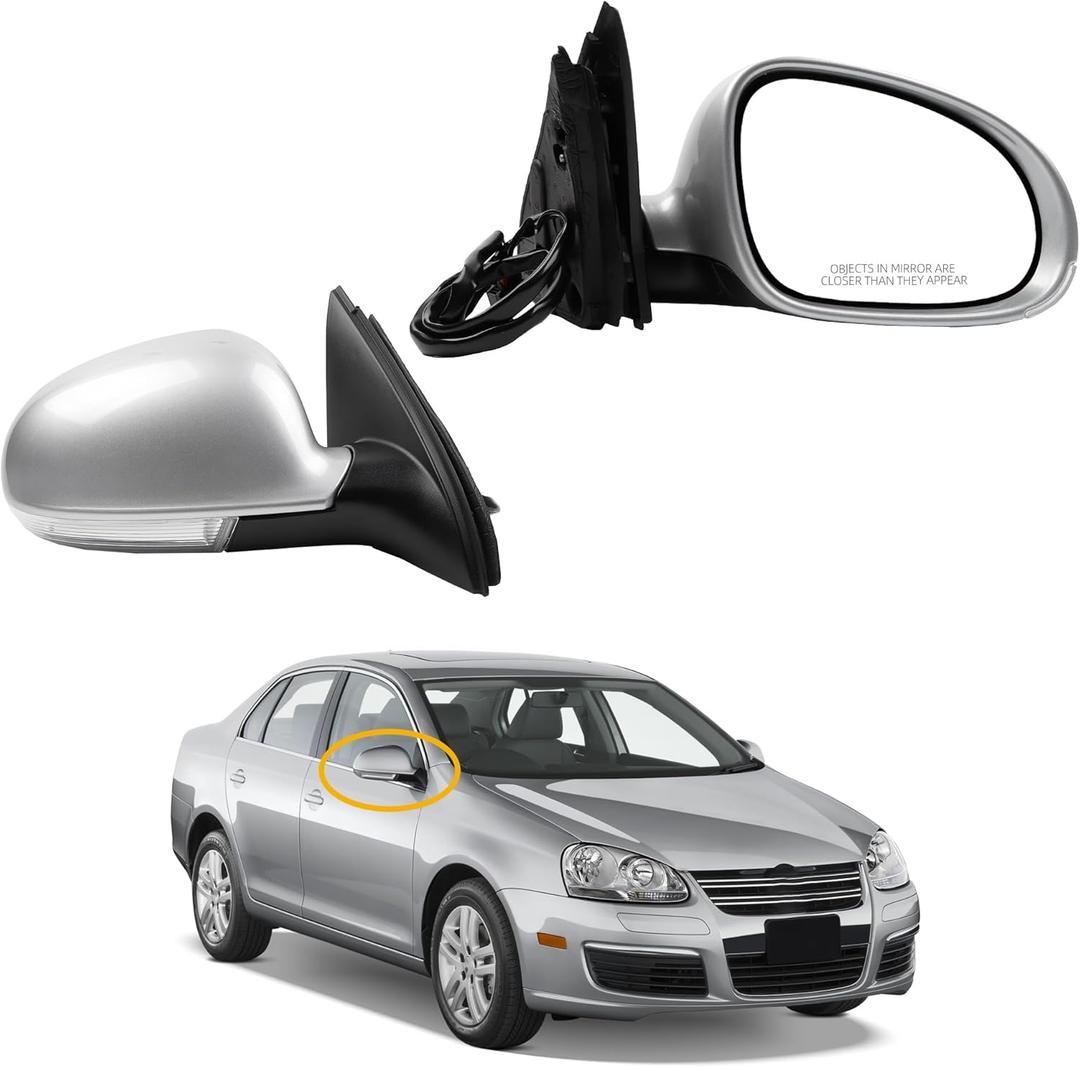 Dasbecan Passenger Side Mirror Compatible with 2005-2010 Volkswagen Jetta Right Door Mirror w/Turn Signal Light Manual Folding Power Heated Adjustment Glass Silver Gray Cover Replace# 8610331 (7pin)