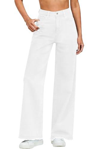 Metietila Women's White Baggy Jeans High Waisted 90s Wide Leg Distressed Denim Pants with Raw Hem Medium